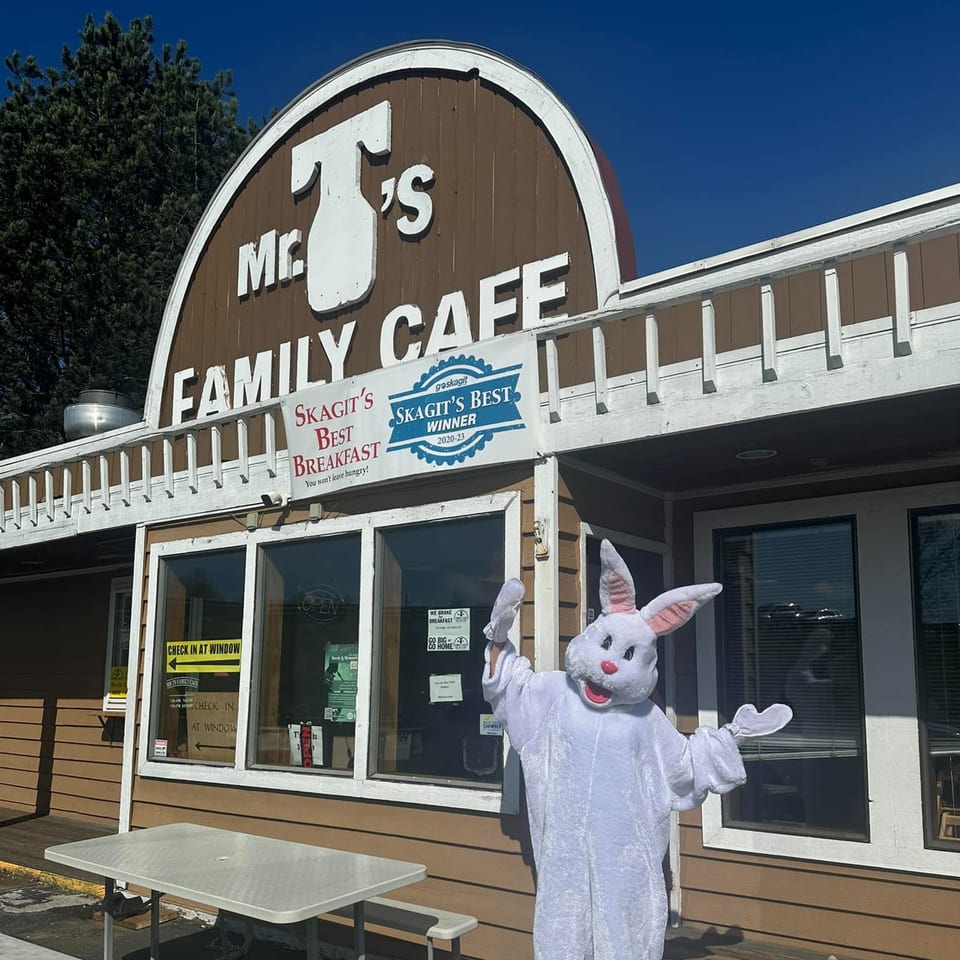 Easter Bunny mascot stands outside Mr T's Family Cafe, a brown building with a large sign.